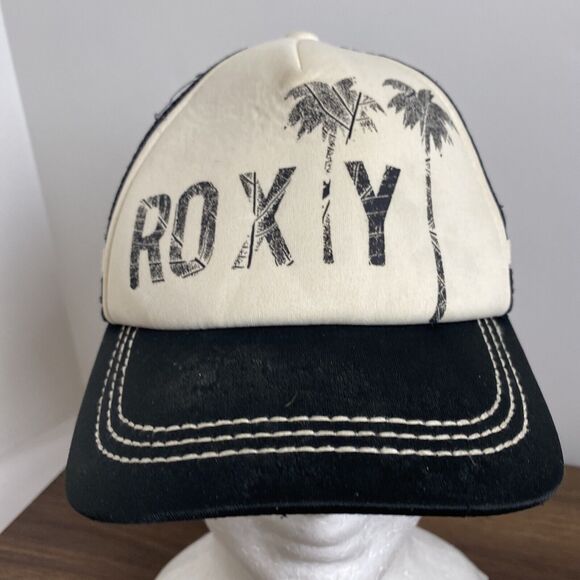 ROXY Hat Cap Trucker Foam Snapback Mesh Palm Tree Black White Beach Surf Sun - Picture 2 of 11